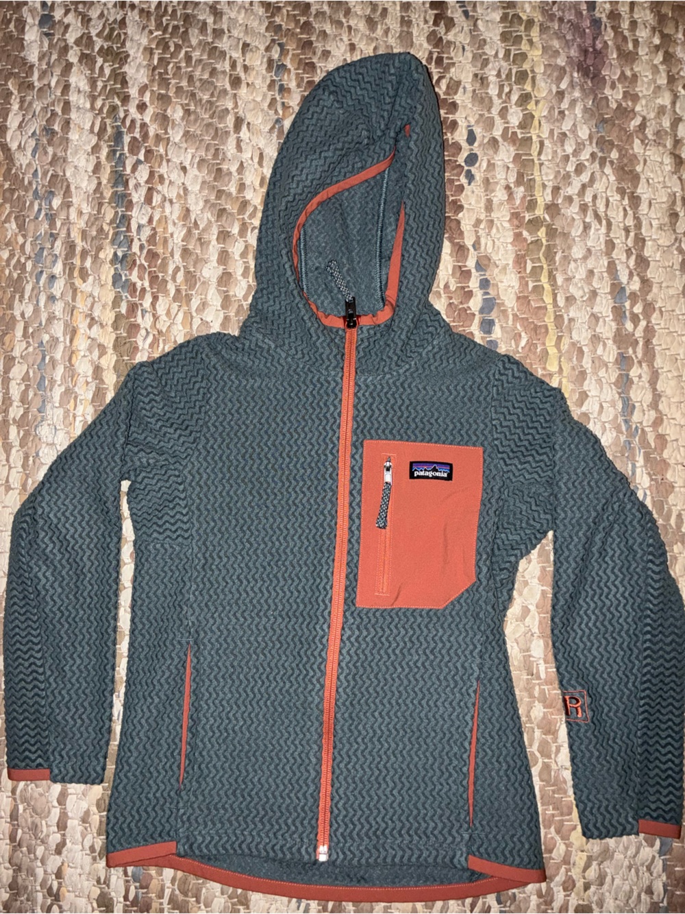 Patagonia Kids Hooded Zip Jacket in Green with Orange Trim